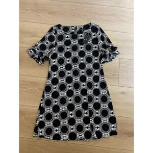 RONNI NICOLEBlack White Circle Print Dress Ruffle Short Sleeve‎ Career Casual